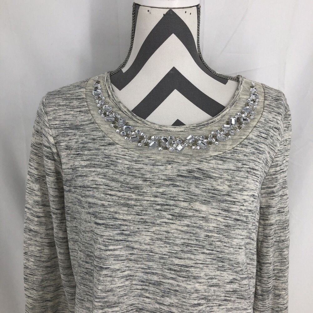 Maison Jules Light Gray Embellished Gemstone Space Dye Mesh Inset Knit Top XL